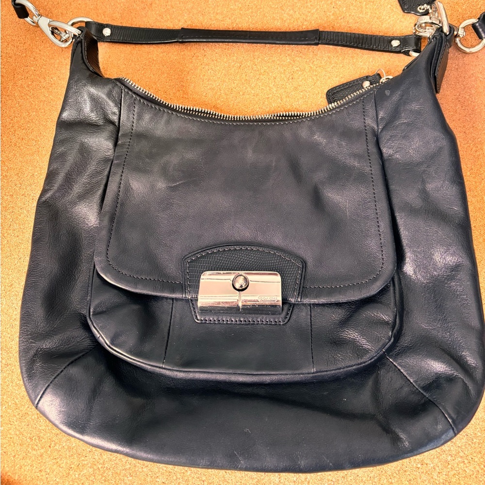 Coach VINTAGE black leather bag w/python. Used,VeryGood cond. Adj/remvble strap